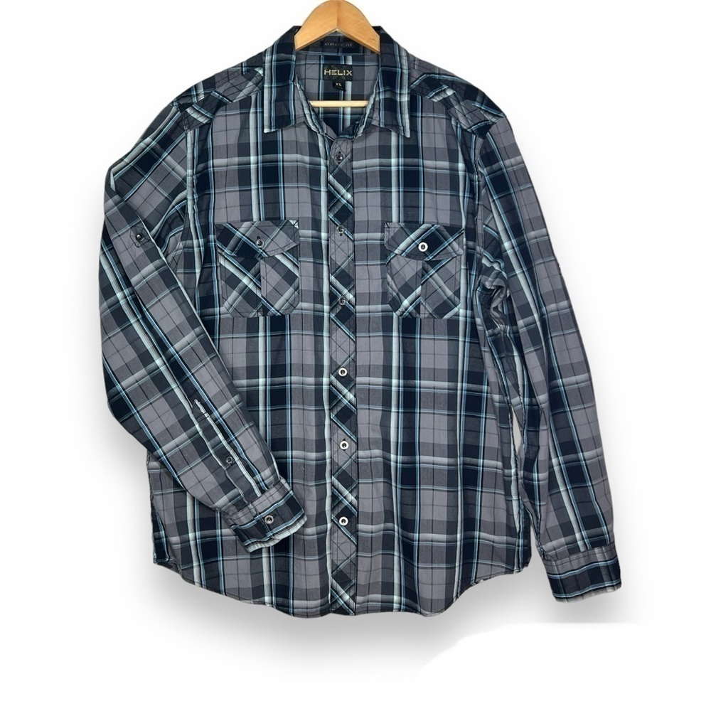 Helix Shirt Mens XL Black Plaid Button Up Roll Tab Athletic Fit Pockets Gray